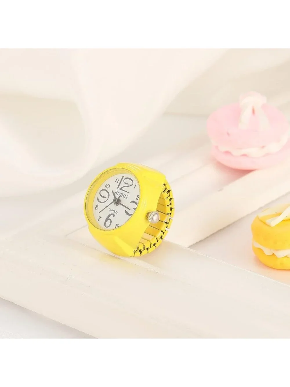 Unisex Yellow Analog Quartz Easy Read Adjustable Modern Round Finger Ring Watch